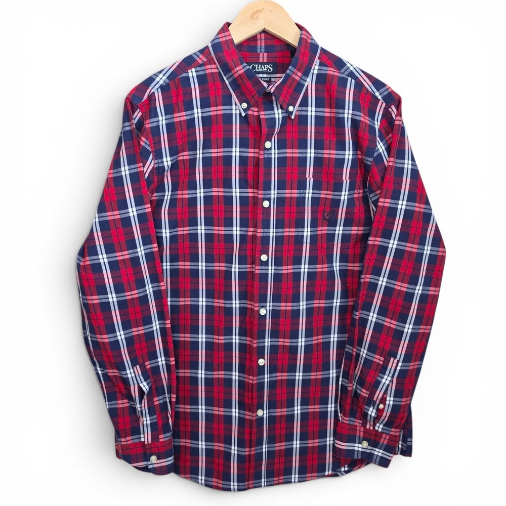 Chaps Shirt Mens Medium Red Blue Plaid Button Down Easy Care Cotton Blend Casual